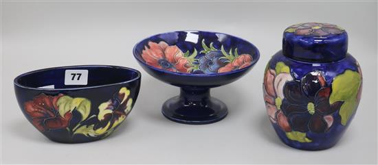 A Moorcroft ginger jar, a bowl and an oval vase